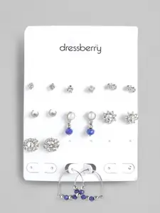 DressBerry Set of 8 Silver-Toned Embellished & Beaded Earrings