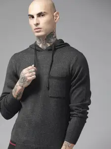 The Roadster Lifestyle Co. Men Charcoal Solid Acrylic Hooded Pullover With Pocket Detail