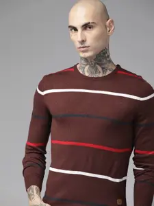 The Roadster Lifestyle Co. Men Brown & White Striped Acrylic Pullover