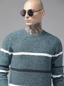 The Roadster Lifestyle Co. Men Teal Green & White Striped Acrylic Pullover