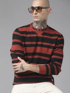 The Roadster Lifestyle Co. Men Rust Brown & Black Striped Acrylic Pullover