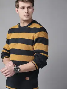 The Roadster Lifestyle Co Men Mustard Yellow & Navy Blue Striped Pullover