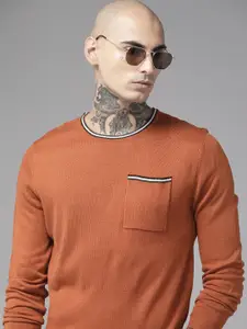 The Roadster Lifestyle Co. Men Rust Orange Solid Acrylic Pullover With Pocket Detail