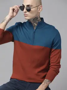 The Roadster Lifestyle Co. Men Teal Blue & Rust Orange Colourblocked Acrylic Pullover