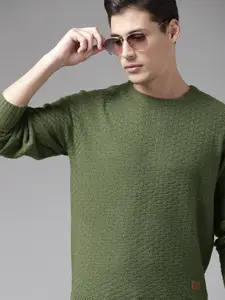 The Roadster Lifestyle Co Men Olive Green Self Design Pullover