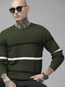 The Roadster Lifestyle Co. Men Olive Green & Black Striped Acrylic Pullover
