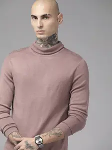 The Roadster Lifestyle Co. Men Mauve Solid Acrylic Turtle Neck Pullover