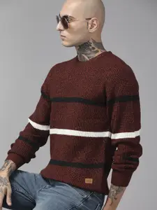 The Roadster Lifestyle Co. Men Maroon & Black Striped Acrylic Pullover