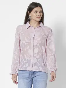 URBANIC Women Dusty Pink Floral Sheer Shirt Style Top