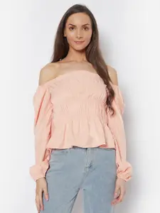 URBANIC Women Peach-Coloured Solid Off-Shoulder Smocked Top