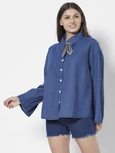 URBANIC Women Navy Blue Shirt Style Pure Cotton Top