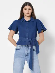 URBANIC Blue Pure Cotton Shirt Style Top