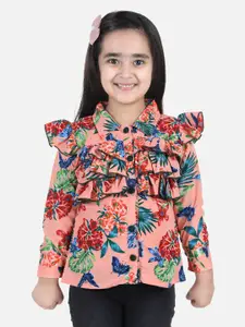 Cutiekins Girls Coral & Green Floral Crepe Shirt Style Top