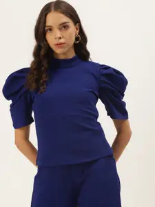 Zastraa Blue Solid Puff Sleeves Regular Top