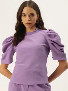 Zastraa Lavender Solid Puff Sleeves Regular Top