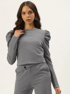 Zastraa Women Grey Solid Puff-Sleeve Regular Top