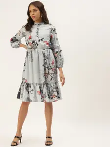 Zastraa Women Grey Floral Printed Fit And Flare Tiered Dress