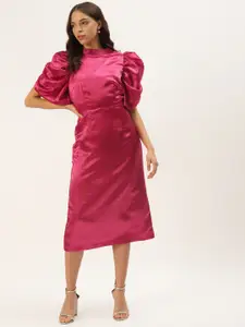 Zastraa Women Pink Solid Satin Sheath Dress With Puff Sleeves