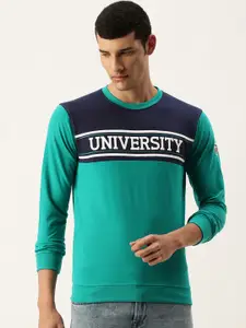 PETER ENGLAND UNIVERSITY Men Green & Navy Blue Colourblocked Round Neck Sweatshirt