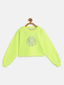 Noh.Voh - SASSAFRAS Kids Noh Voh - SASSAFRAS Kids Girls Fluorescent Green & Silver Owl Studded Sweatshirt