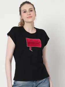 Vero Moda Women Black Printed Extended Sleeves Applique T-shirt