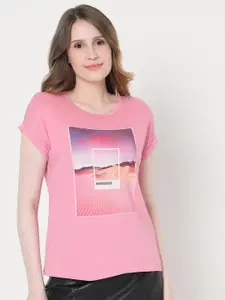 Vero Moda Women Pink Printed Extended Sleeves T-shirt