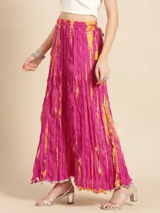 Varanga Pink And Mustard Elasticated Tie And Dye Print Flared Skirt