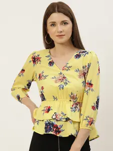 Slenor Women Yellow Floral Layered Crepe Peplum Top