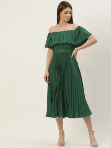 Slenor Women Green Off-Shoulder Pleated A-Line Midi Dress