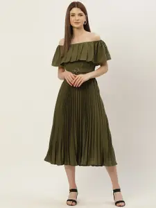 Slenor Women Olive Green Off-Shoulder Pleated A-Line Midi Party Dress