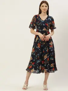 Slenor Women Multicoloured Floral Georgette Midi A-Line Dress