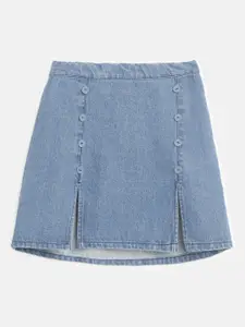 Noh.Voh - SASSAFRAS Kids Girls Blue Solid A- Line Denim Mini Skirt With Button Detailing