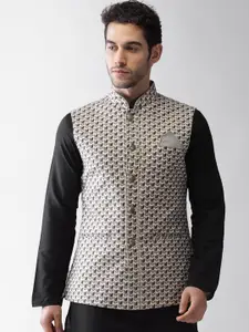 KISAH Men White & Grey Printed Nehru Jacket
