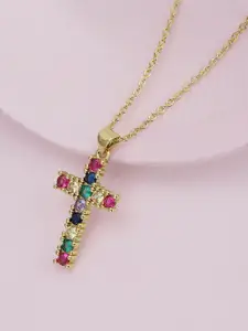 Carlton London Gold-Plated CZ Studded Christian Cross Pendant with Chain