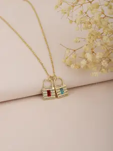Carlton London Red & Turquoise Blue Gold-Plated CZ-Studded Lock-Shaped Necklace