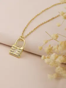 Carlton London Gold-Plated CZ-Studded Lock-Shaped Necklace