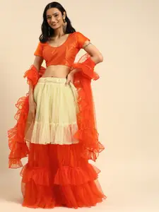 Tikhi Imli Orange & Cream-Coloured Embellished Semi-Stitched Lehenga & Unstitched Blouse With Dupatta