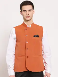 KLOTTHE Men Orange Solid Woven Pure Cotton Nehru Jacket