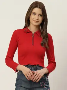 BROOWL Women Red Crepe Shirt Style Cropped Top