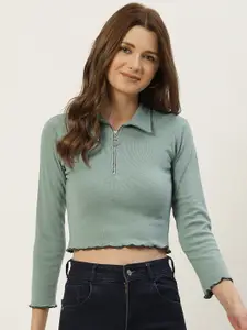 BROOWL Women Green Crepe Shirt Style Cropped Top