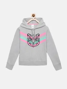 mackly Girls Grey Melange Printed Hooded Sweatshirt