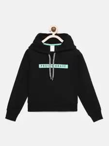 mackly Girls Black Printed Hooded Sweatshirt