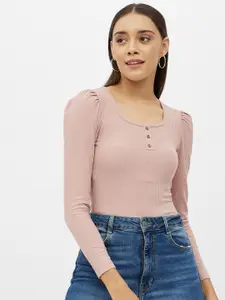 Harpa Women Pink Striped Scoop Neck Fitted Top