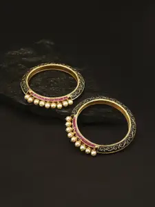 Priyaasi Set Of 2 Gold-Plated White Stone-Studded Pearls Meenakari Bangles