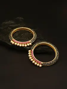Priyaasi Set Of 2 Gold-Plated White Stone-Studded Pearls Meenakari Bangles