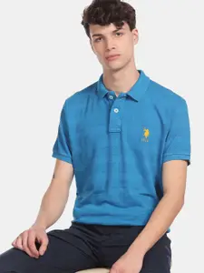 U.S. Polo Assn. Men Blue Striped Polo Collar Pure Cotton T-shirt