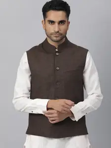 RARE RABBIT Men Brown Self-Design Linen Woven Nehru Jacket