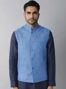 RARE RABBIT Men Blue Solid Woven Nehru Jacket