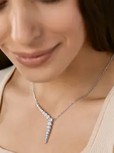 MINUTIAE Women Silver-Toned & White Crystal Studded Encrusted Y Necklace