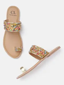 Carlton London Women Gold-Toned & Pink Embellished One Toe Flats